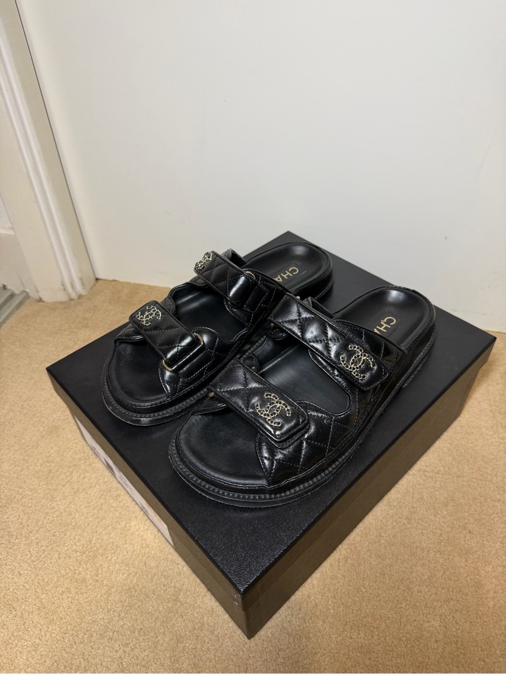 CHANEL Black Quilted Leather Double-Strap Sandals with CC Hardware